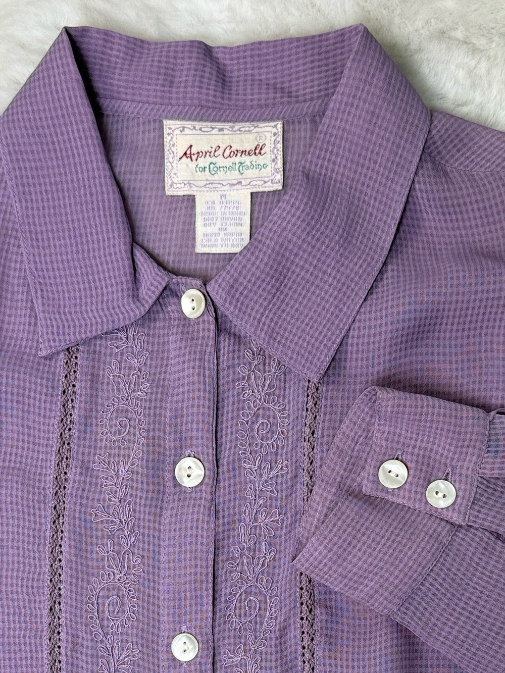 VTG April Cornell Embroidered Rayon Button Front Crochet Lace Top M Lilac Sheer